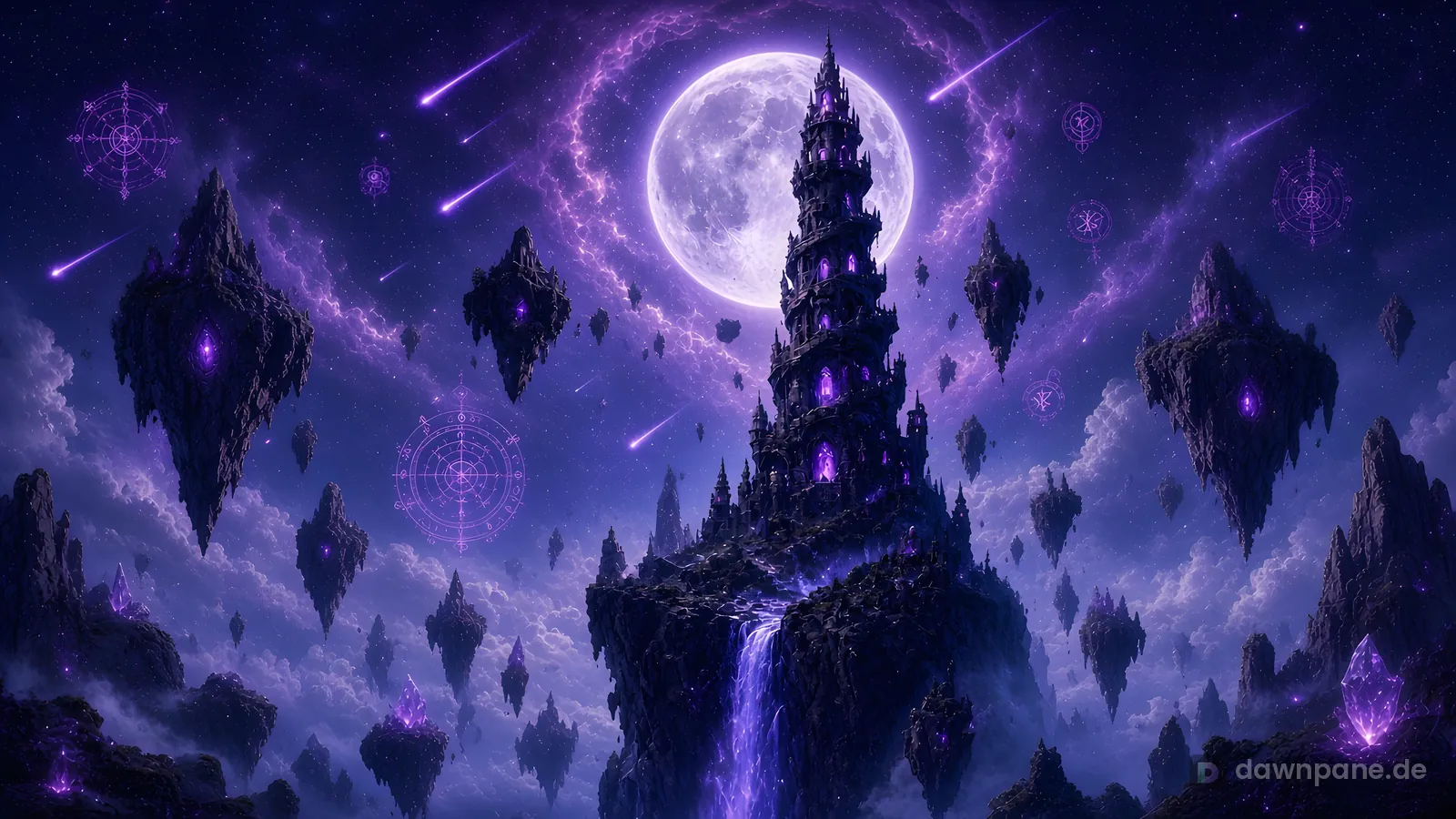 Moon Wizard Tower – fantasy desktop wallpaper: Dark wizard tower with glowing violet windows on a floating island in front of a giant full moon, surrounded by floating rocks and falling stars