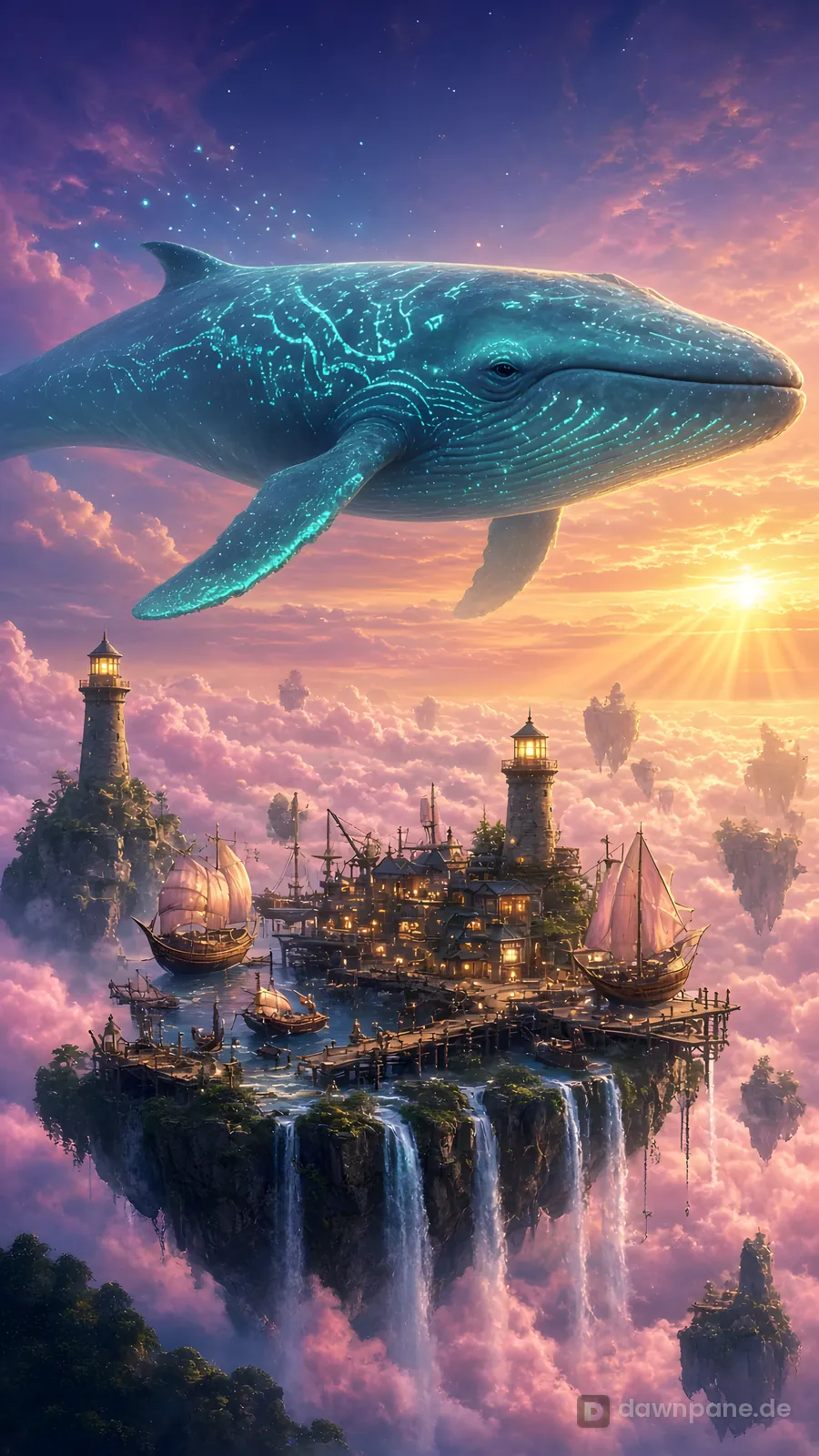 Sky Whale Harbor – fantasy phone wallpaper
