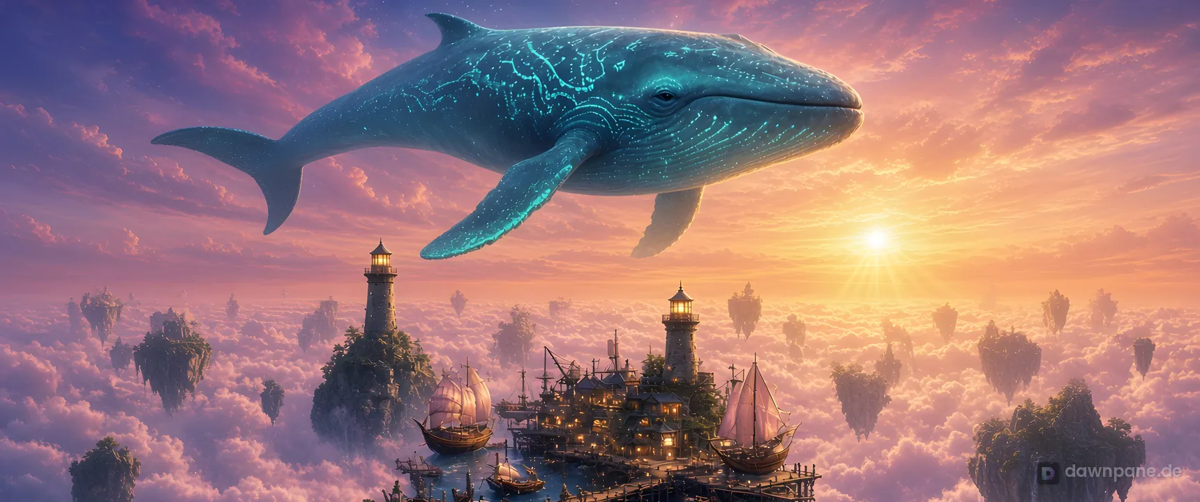 Sky Whale Harbor fantasy wallpaper – Ultrawide 21:9 preview